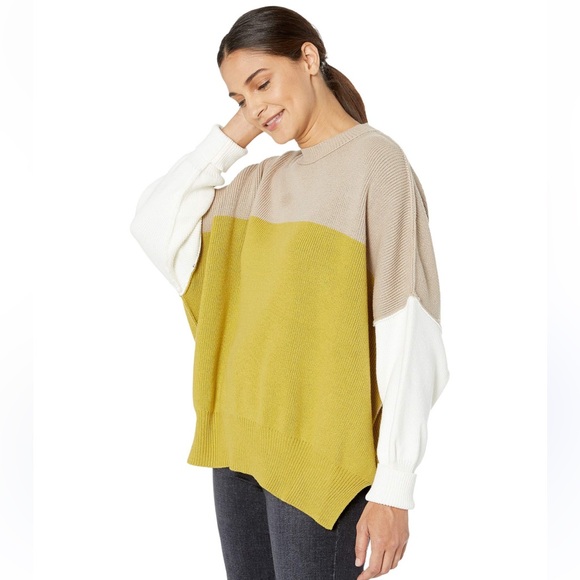 Free People Oversized Chartreuse Cream Tan Colorblock Crew Neck Sweater Sz M - Picture 6 of 11